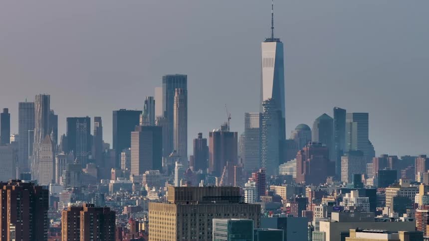 The large city is covered with haze