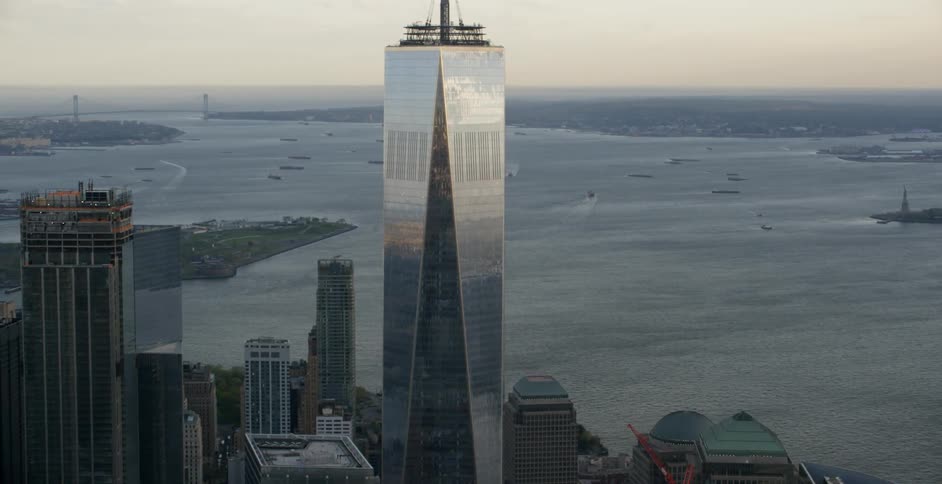 A city skyscraper towers in the sky