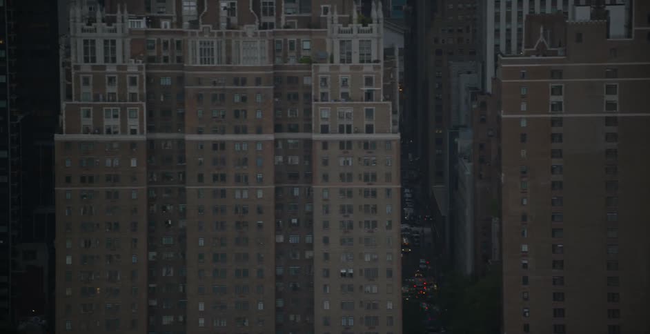 City skyline filmed from the air