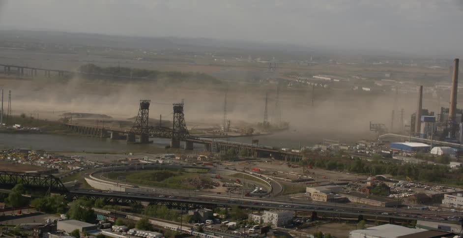 Aerial view of an industrialized area that is very dusty