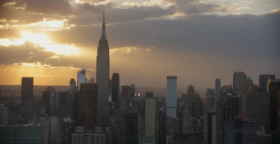 The new york skyline at sunset