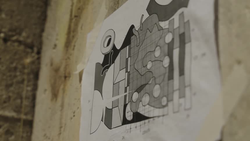 White paper with a drawing printed on it pasted on a wall