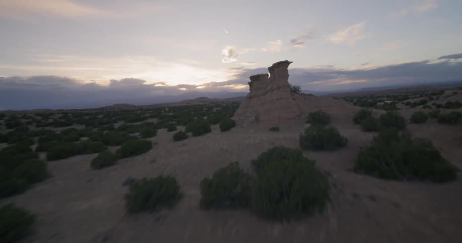 Aerial view of a desert landscape with low vegetation at dawn