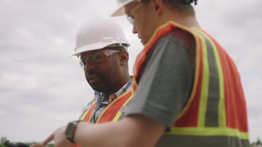 Two male workers in protective vests and helmets talking to each other and holding a tablet