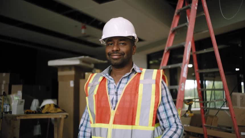 Man wearing white hard hat and safety vest stands in front of a ladder in a construction environment