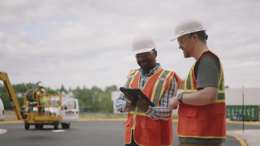 Two workers in highvisibility vests and hard hats examining a tablet with construction equipment visible in the background