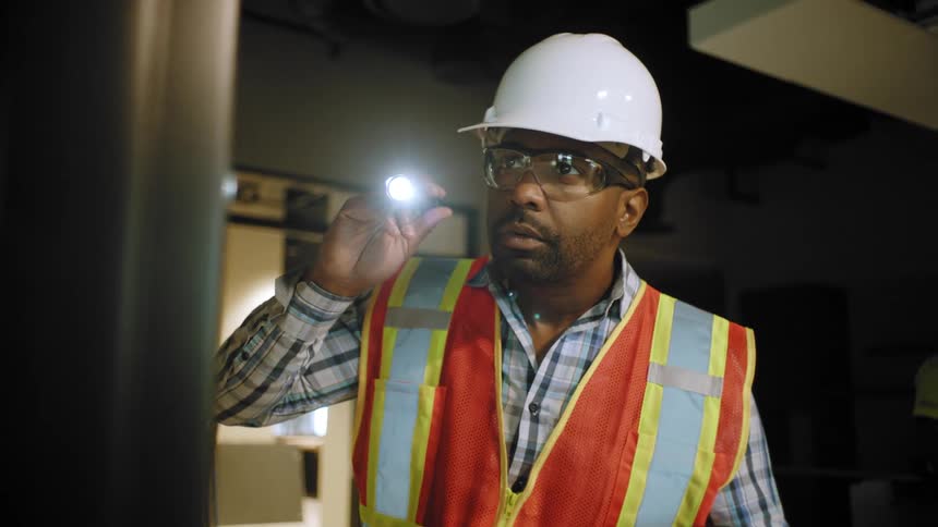 A worker wearing a white hard hat and a highvisibility safety vest holding a flashlight that is turned on