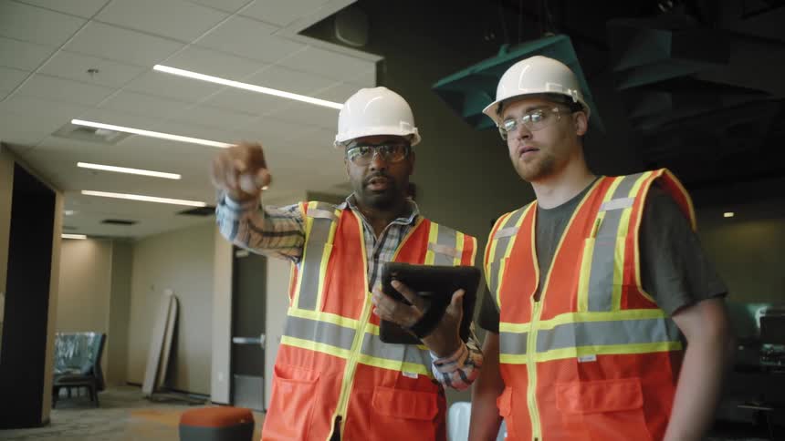 Two men in helmets and vests talking side by side with one of them holding a tablet