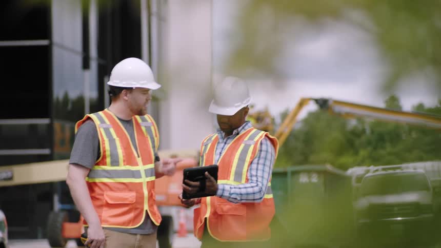 Two men wearing protective helmets talking and one of them holding a tablet
