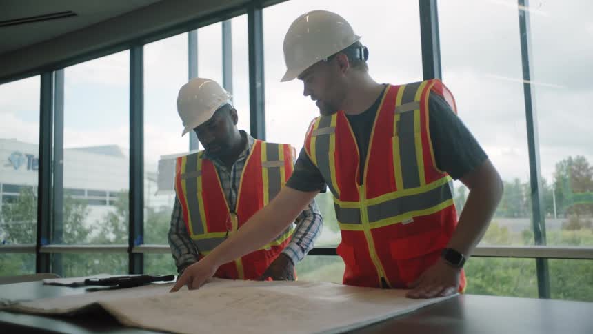 Two workers in safety helmets and reflective vests standing at a table with a blueprint spread out in front of them