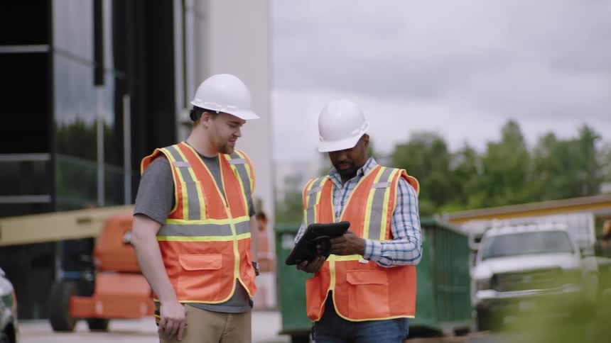 Two workers wearing protective helmets talking and one of them holding a tablet