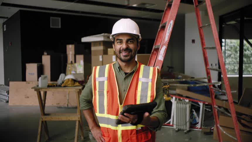 Smiling man holding a tablet while working on a construction site indoors