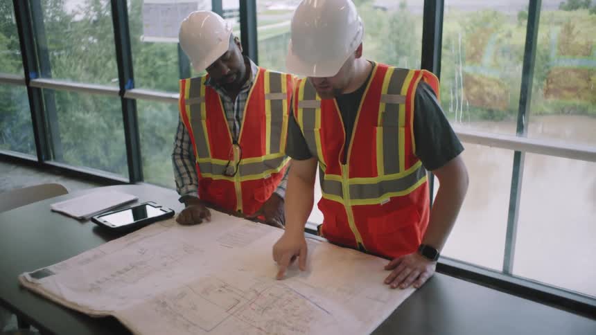 Two construction workers in safety vests and hard hats examine architectural plans on a table