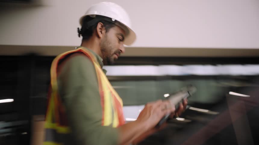 Man on construction site interacting with a tablet and wearing a protective helmet