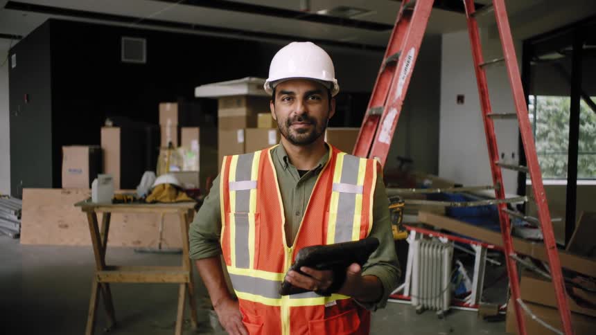 Man wearing safety helmet and high visibility vest holding a tablet at an indoor construction site