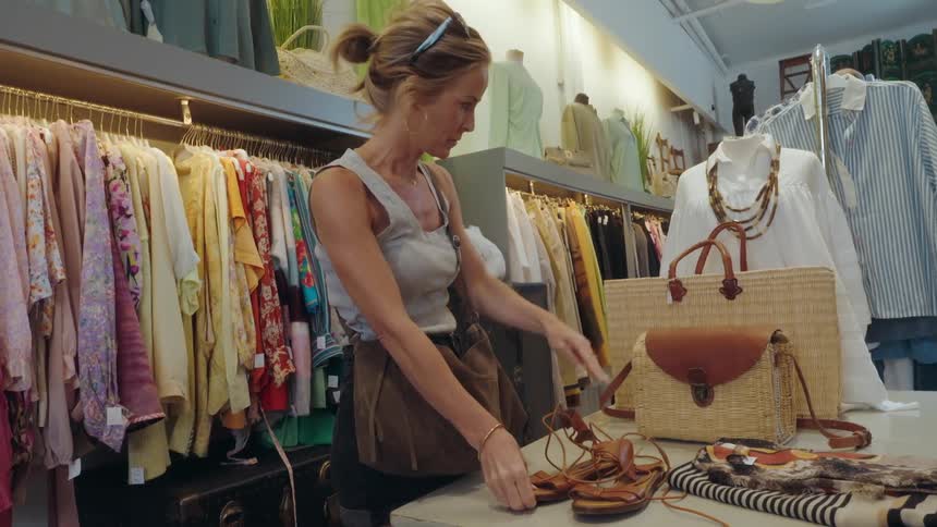 A woman in a clothes store putting down a strapped sandal then moving on to the shirts rack