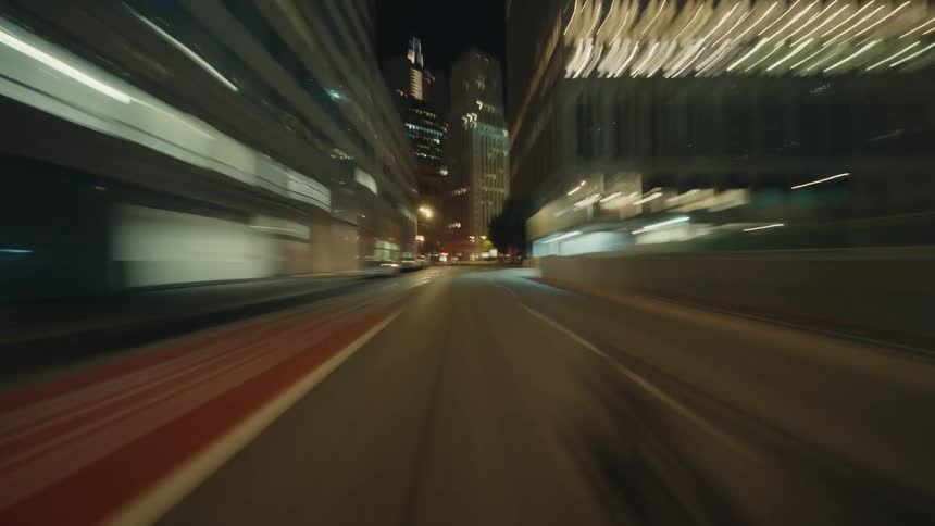 Flying by the metropolitan streets at night as the buildings light up