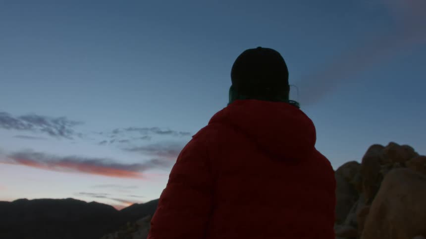 A woman in a rocky desert landscape looking at the sky at dusk