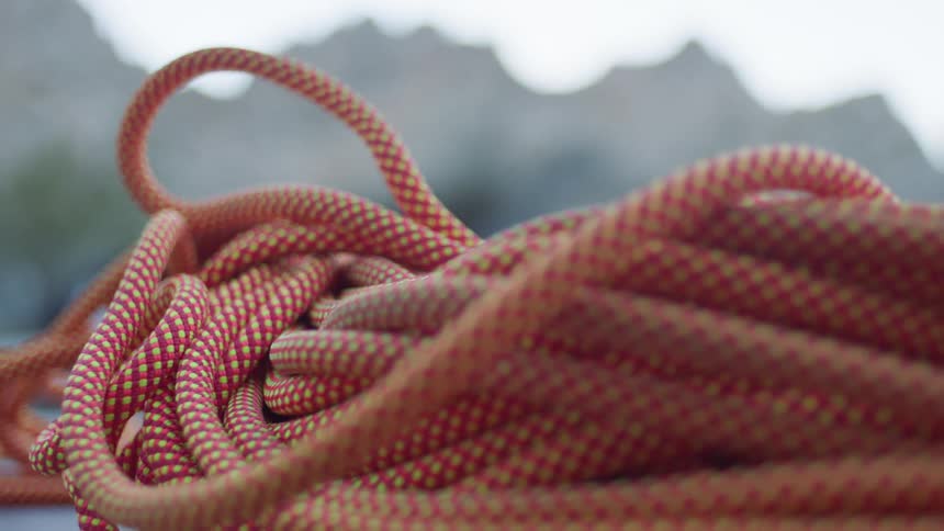 Close up of a coiled climbing rope