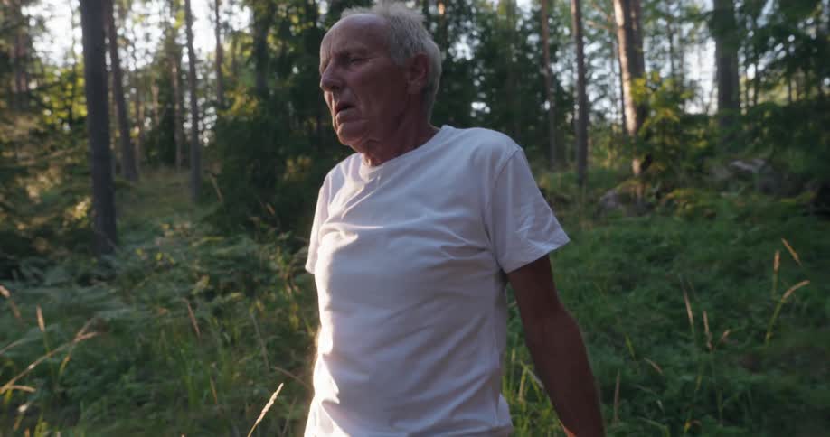 An elderly man stretches his arms over his head in a forest on a summer day