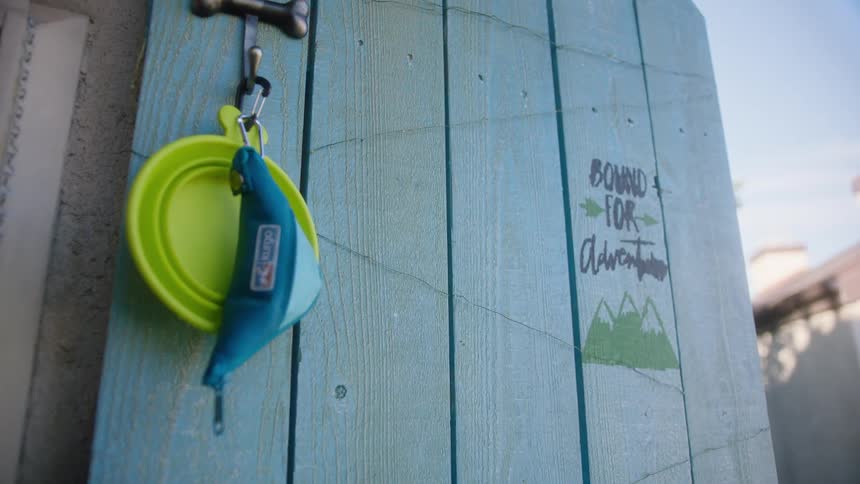 Closeup view of a blue wooden wall with a metal latch at the top holding a green collapsible cup with a carabiner