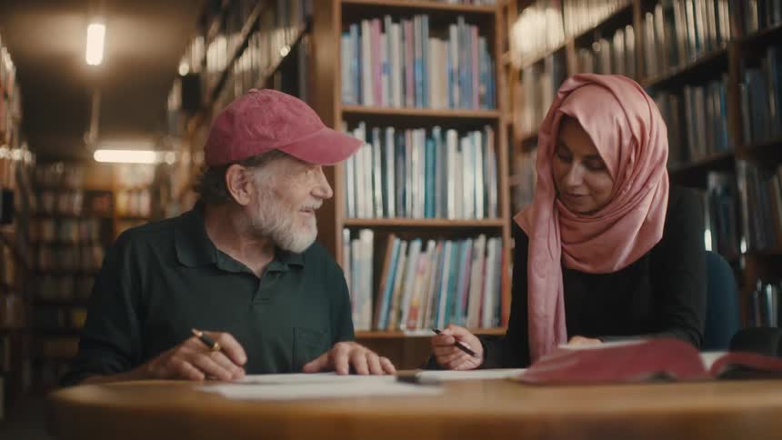 An elderly man in a cap and a woman with a pink turban on her head are sitting in a library and are talking while looking at a paper that is on a table
