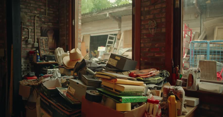 Cluttered boxes of books and other goods are stacked inside a room with large windows
