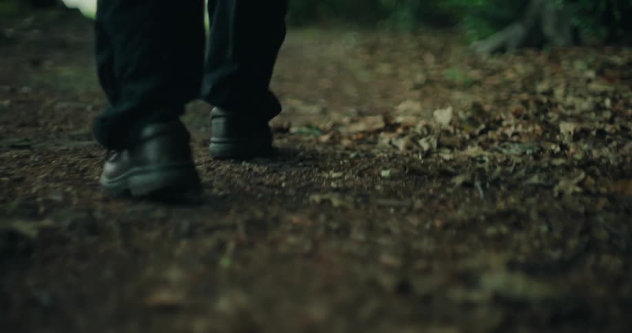 Feet walking a dirt path through the woods