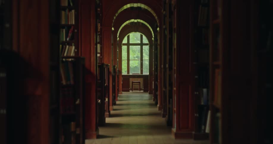 A dimly lit library with tall wooden bookshelves lining both sides of a central aisle