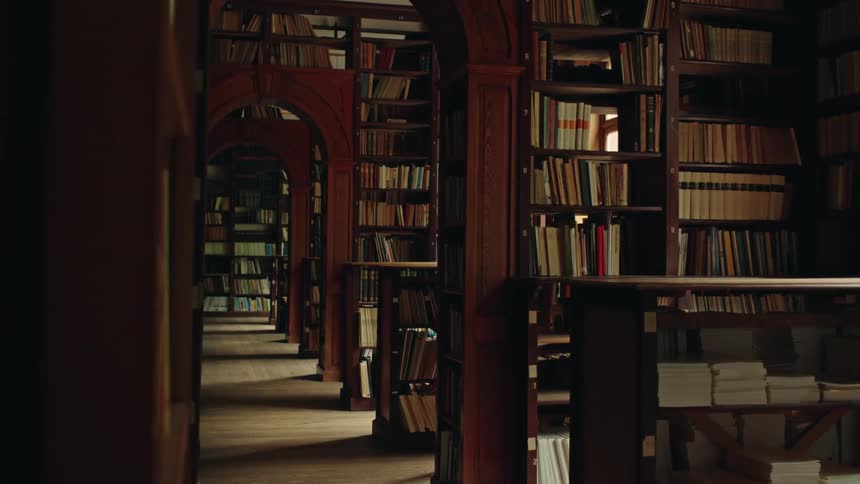 A large library contains books wooden shelves and archways