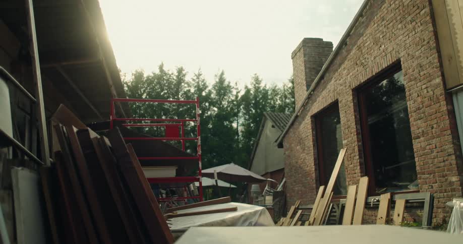 Builders yard with stacks of wood on a summers day