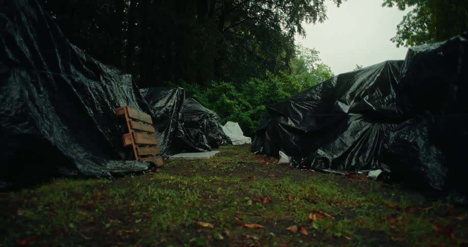 Black tarps covering materials in an outdoor environment surrounded by trees