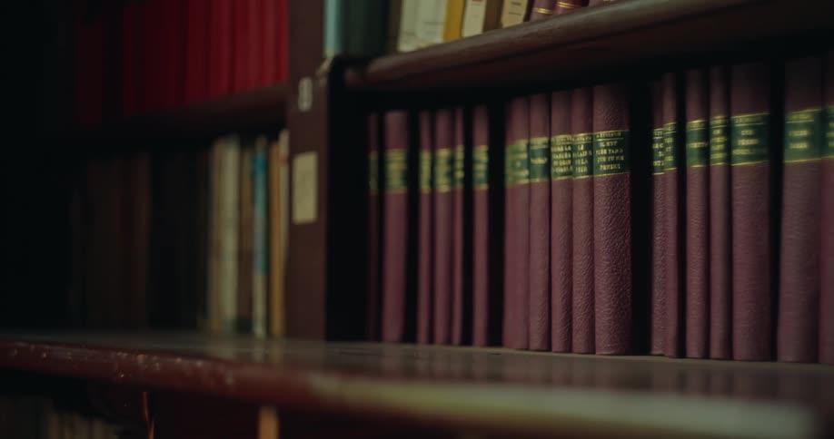 Maroon books on a bookshelf lined up next to each other