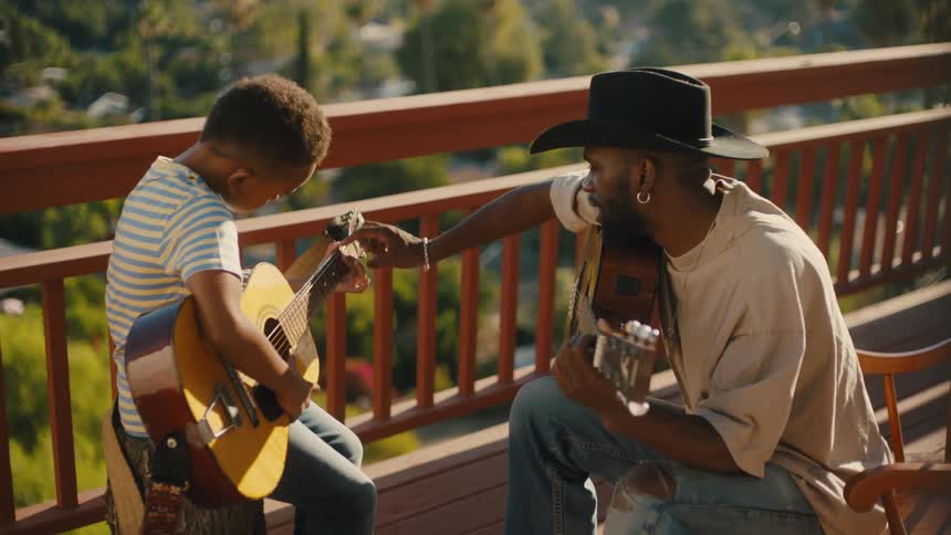 Man sitting holding a guitar and adjusting the strings of another guitar that a boy is holding