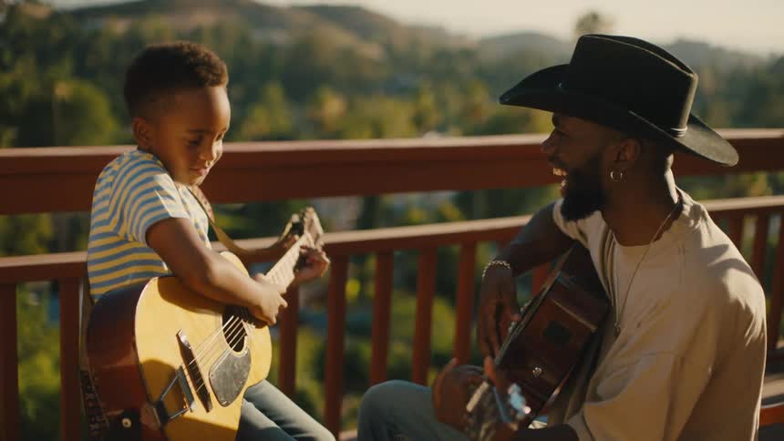 A father teaches his son to play guitar outdoors on a sunny day