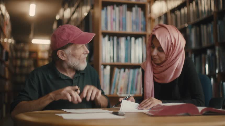 A man and a woman sit at a table in a library and talk while they look through papers on the table surface