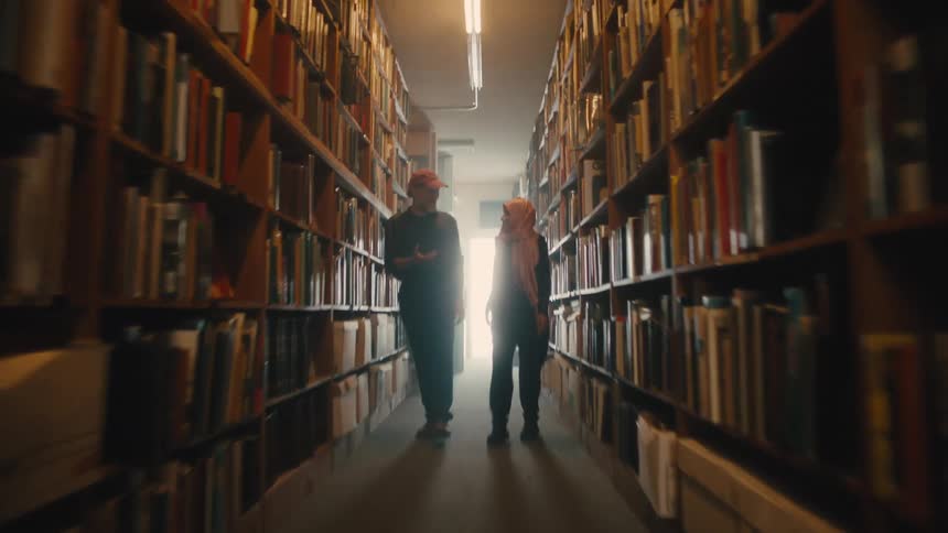 Man and woman walking down a library hallway