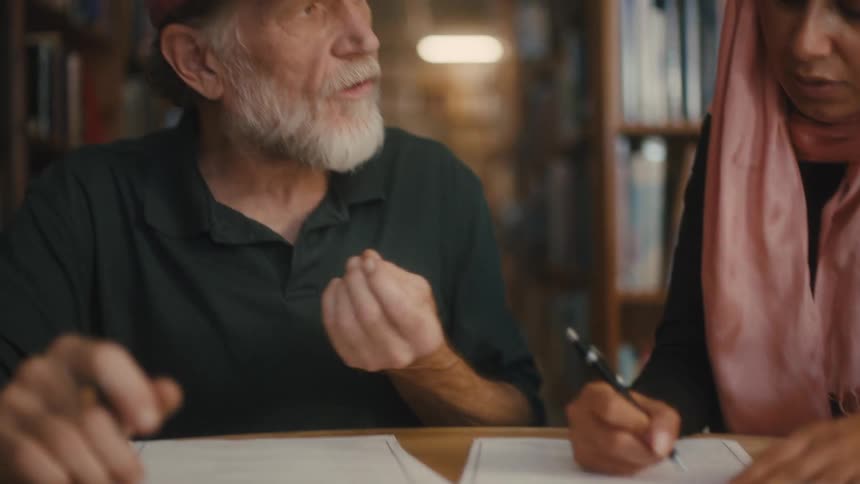 Elderly man and woman sitting at a table in a library with documents on the table talking to each other