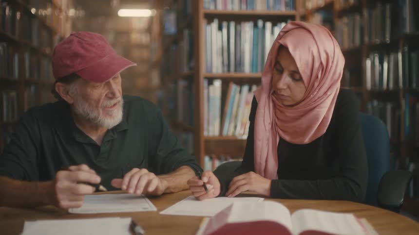 A woman wearing a pink head scarf sitting at a table with a man in a red cap as they look over papers and books
