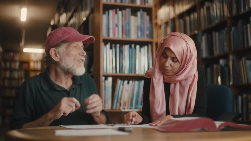 An older man in a red cap conversing with a young woman in a pink scarf while they sit at a wooden table in a library