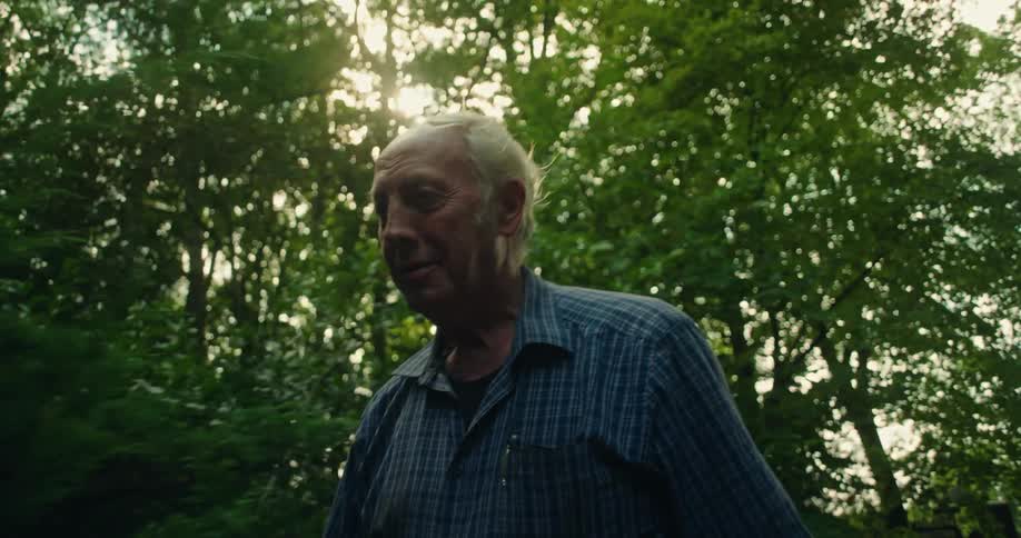 An elderly man in a blue shirt is walking through a forest