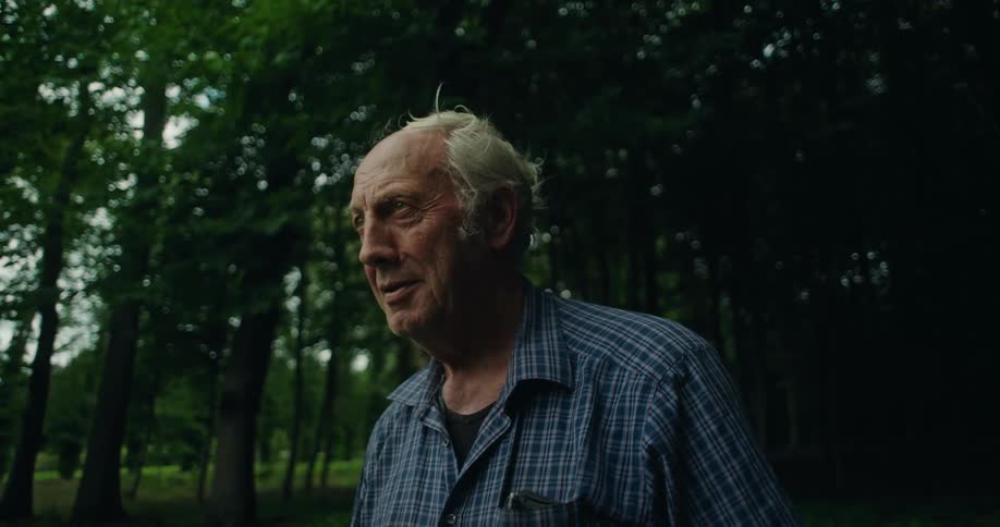 Elderly man in a blue plaid shirt looking out into an outdoor area surrounded by trees