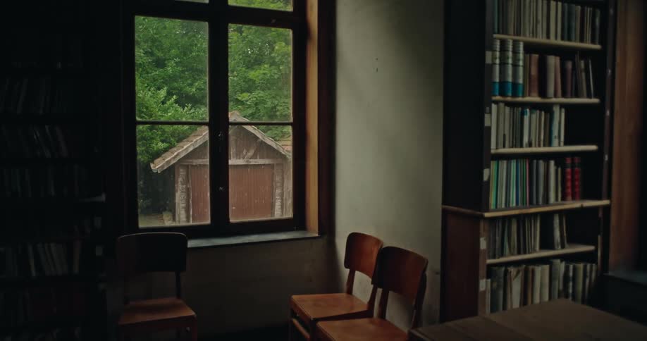 The interior of a room with books on shelves and wooden chairs in front of a window with a man walking outside in front of the window