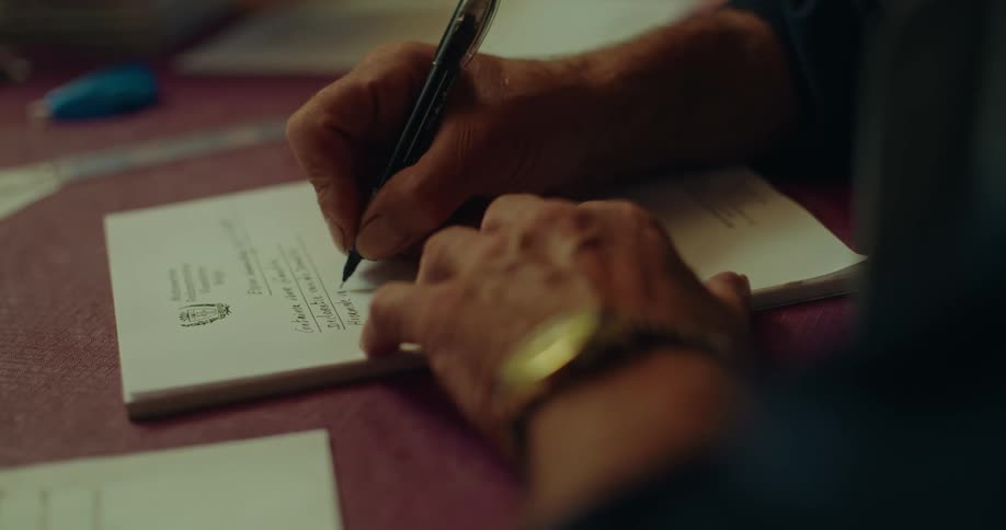 Close up of an elderly persons hands writing