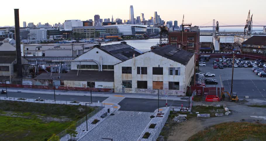 Aerial view of an industrial area on the outskirts of san francisco at dusk
