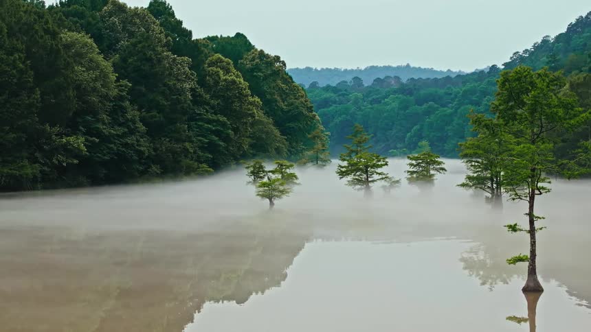 Several trees grow in the middle of a large lake in a mountain valley