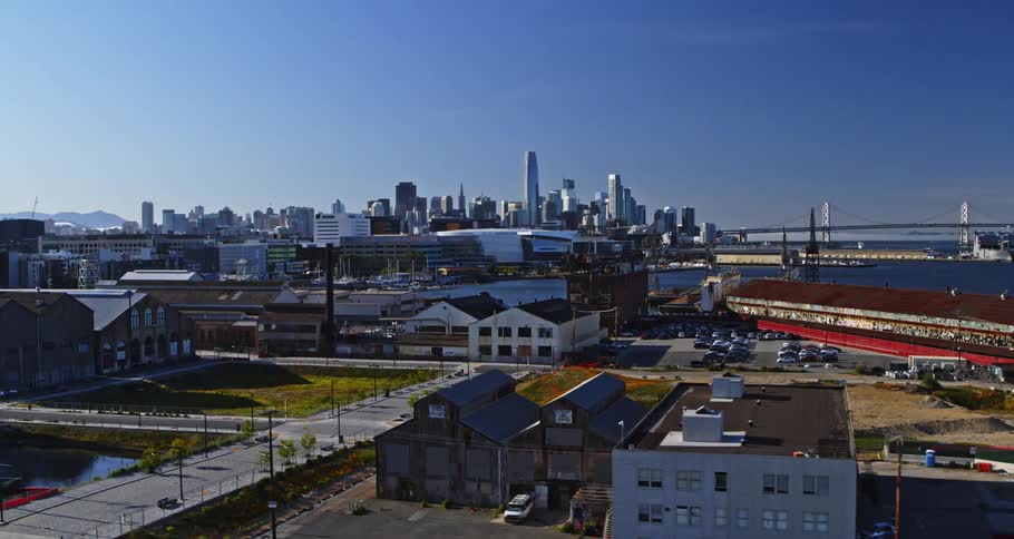 Aerial view of an industrial area on the outskirts of san francisco with a clear blue sky