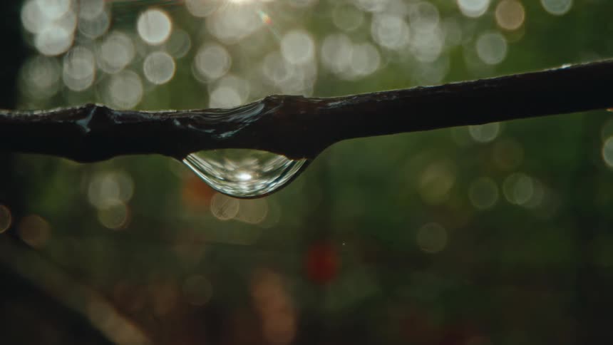 A water droplet hangs delicately from a branch reflecting the soft light of dawn or early morning