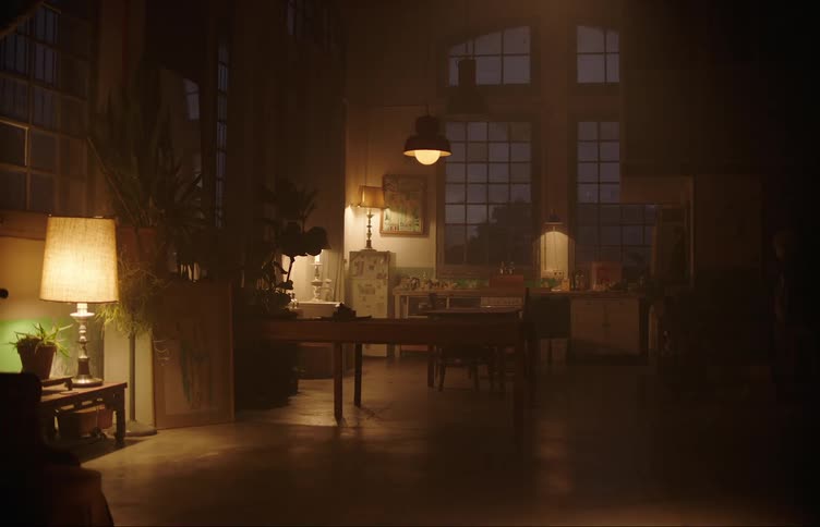Several lamps and lights shine in a dingy and dark apartment