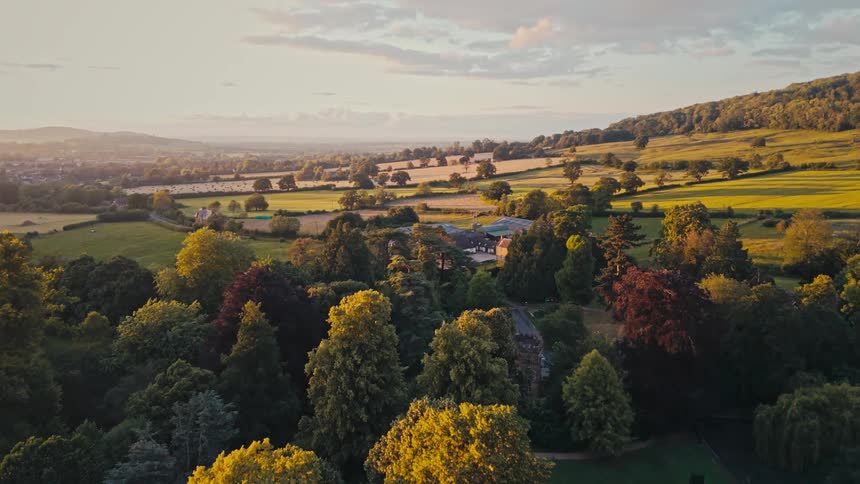 The landscape is green and full of grass and trees